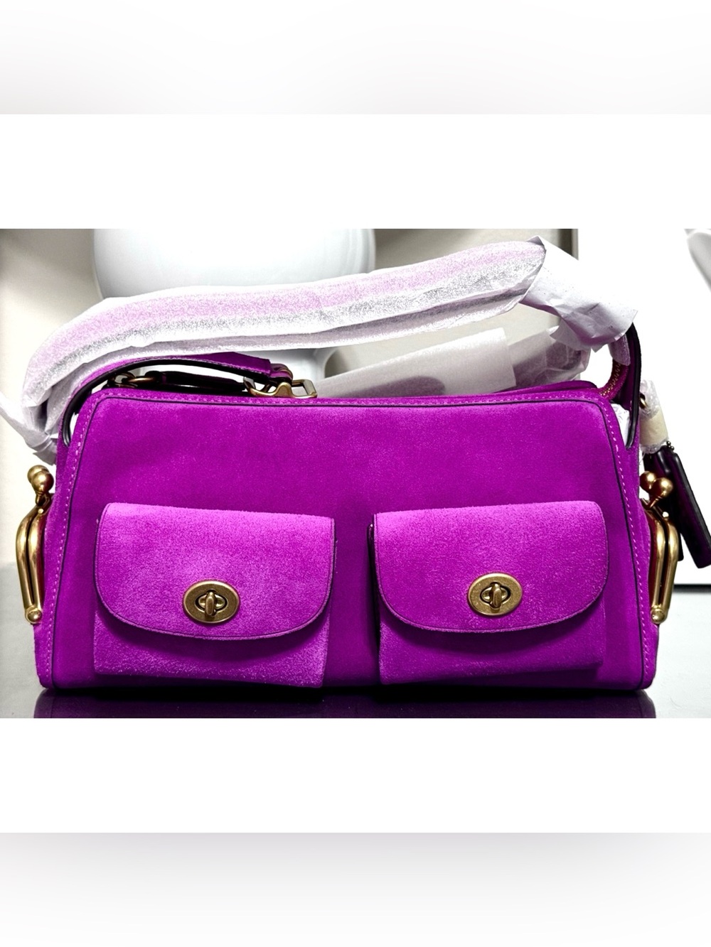 COACH Turnlock Suede Haversack Bag 27, MAGENTA